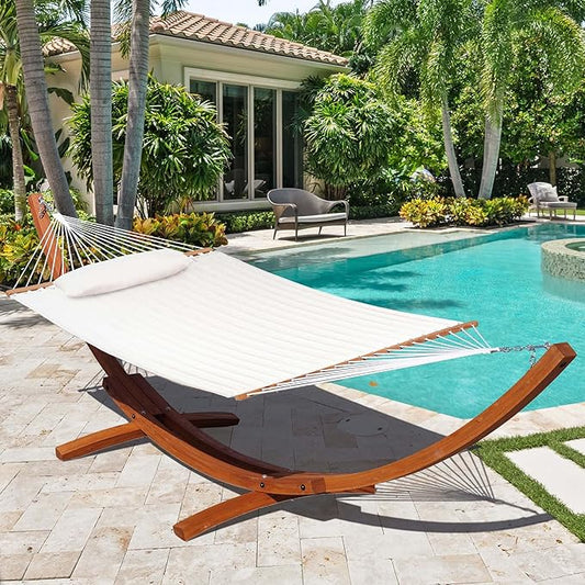 Lazy Daze Hammocks 12 FT Sunbrella Quilted Hammock Double Hammock with Hardwood Spreader Bar, for Patio Outdoor Outside All Weather, 450 lbs Capacity, Cream