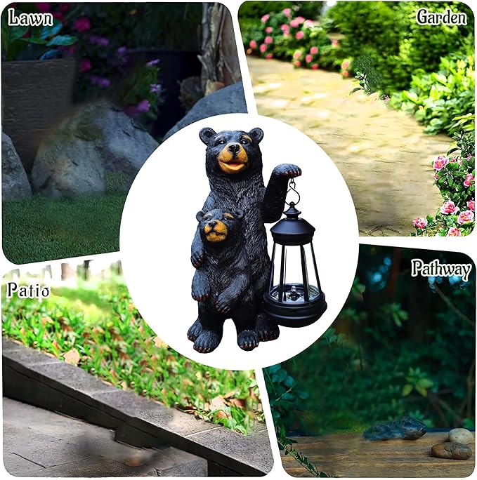 RCTTICUU Black Bear Solar Lantern Garden Statues，Loving Bear Figurine Lights for Outside Decoration ,Lawn Outdoor Decor for Patio,Balcony,Yard-Unique Gift for Grandma Wowen Mom