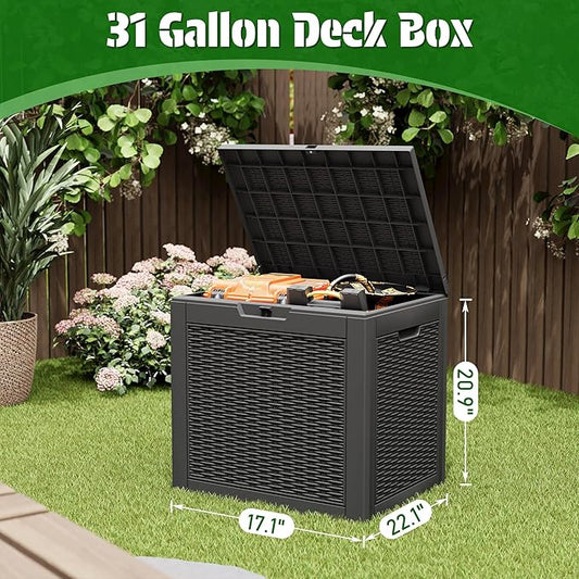 31 Gallon Outdoor Storage Deck Box Waterproof,Garden Tool,Backyard Cushion,Poolside Storage,Small Delivery Boxes for Outside,Lockable Lid,Rattan Black