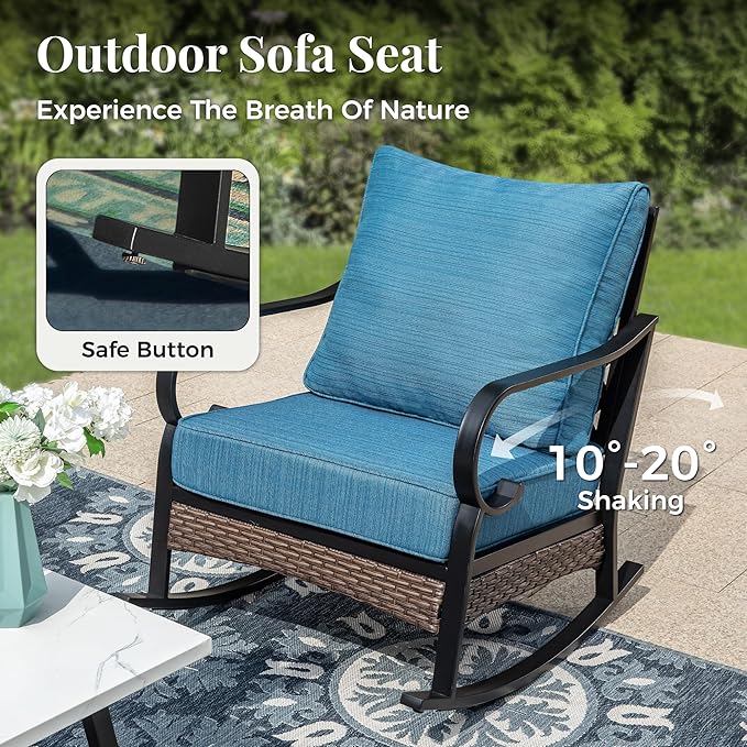 Patio Furniture Set with Firepit Table, Black Frame Outdoor Conversation Set with 2 x Fixed Chairs, 2 x Rocking Chairs, 1 x 3-Seat Sofa for Lawn Garden Backyard, Pacific Blue
