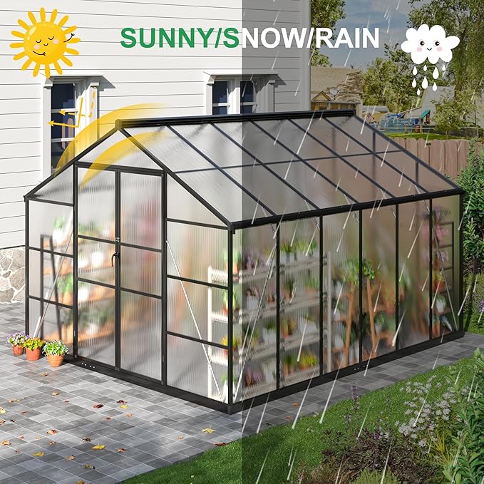 WKM 10x12 FT Polycarbonate Greenhouse, Enhanced Aluminum Frame Greenhouses for Outdoors Withstands Strong Wind or Snow with Roof Vent, Walk-in Green Houses for Outside Garden Backyard, Black