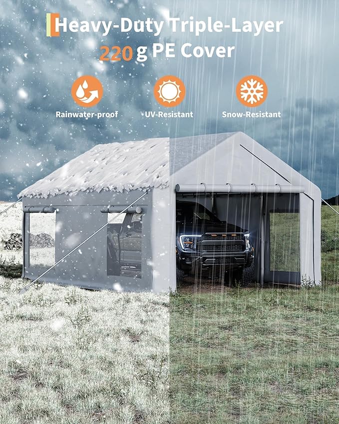 13x20 Ft Carport, Heavy Duty Portable Garage with Roll-Up Doors & 4 Windows,200g PE Tarp Waterproof & UV Protected,All-Weather Design,for Car, Boat, Truck, Motorcycle, ATVs, and SUV