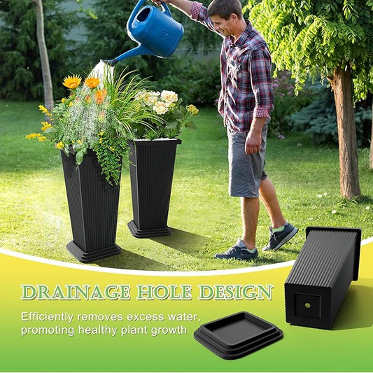 Set of 2 Large Tall Planter for Indoor or Outdoor 24" Flower Pots Tapered Tall Planters with Tray for Porch, Patio, Backyard, Large Planters for Outdoor Indoor Plants(Black,Striped)