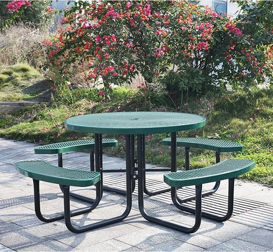 8-Person Outdoor Picnic Tables,46" Heavy-Duty Metal Round Picnic Table,Expanded Metal Commercial-Grade Table with 4 Benches & Umbrella Hole,Waterproof Coating Beach Table for Patio,Garden, Backyard