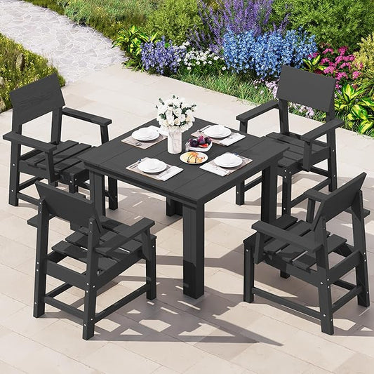 SERWALL HDPE Outdoor Dining Set, Square Table and Chairs Set All Weather Patio Dining Set, 5-Piece Patio Dining Furniture for Deck, Garden, Backyard, Black