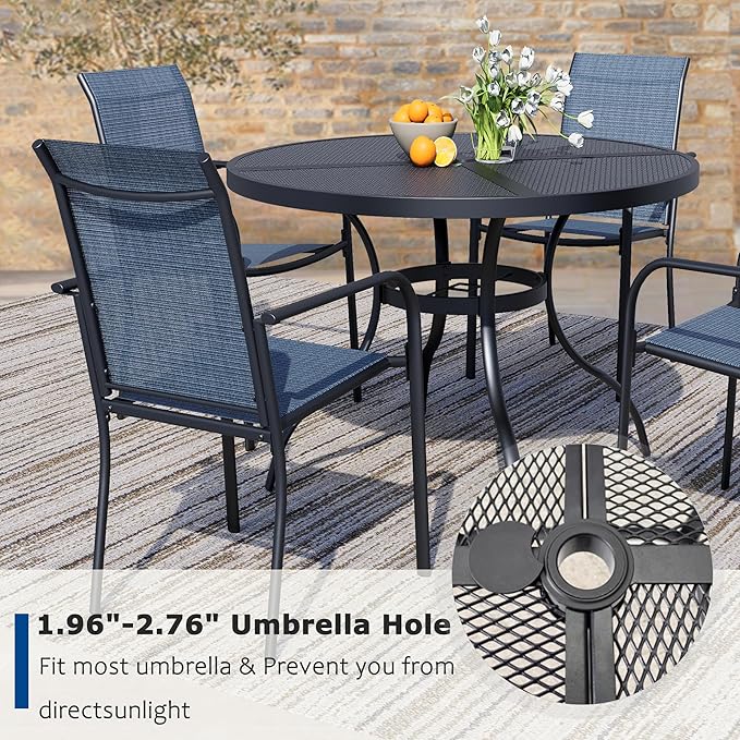 5 Piece Outdoor Dining Set, Patio Table and Chairs Set of 4, 42" Black Round Patio Table with 4 Blue Stackable Patio Chairs for Lawn, Garden, Porch