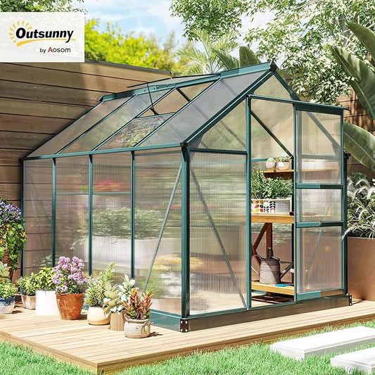 Outsunny 6' x 8' Greenhouse for Outdoors, Polycarbonate Greenhouse with Rain Gutter and Roof Vent, Aluminum Walk-in Green Houses for Outside for Patio Backyard Garden, Dark Green
