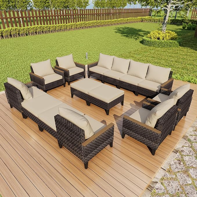 14 Pieces Patio Furniture Set, Wicker Rattan Outdoor Conversation Sets with Footstool, Modular Sectional Seating Set 2 Three Seater Sofa & 4 Single Armchairs & 4 Ottomans for Home (Beige Cushions)