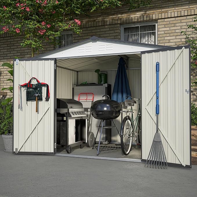 8x6 FT Outdoor Storage Shed W/ 2 Lockable Hinged Doors,Metal Shed W/Sloped Roof & 4 Air Vents,Garden Tool House W/Updated Frame Structure,for Backyard Patio Lawn,White
