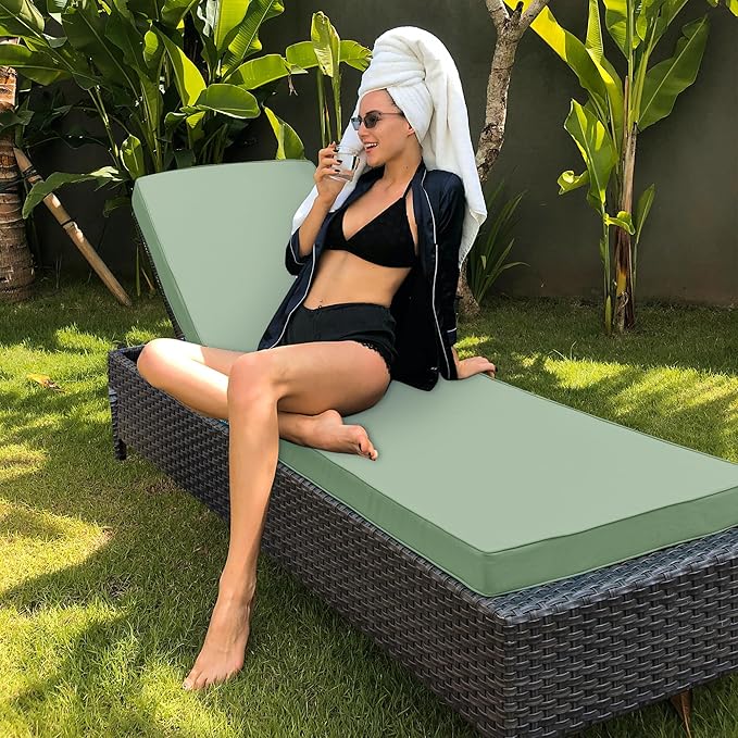 Outdoor Chaise Lounge Cushion Set of 2, Fadesafe Water-Repellent Lounge Deck Reclining Chair Cushions for Patio Furniture Lawn Pool Resort Hotel, 80x26x3 Inch, Sage Green