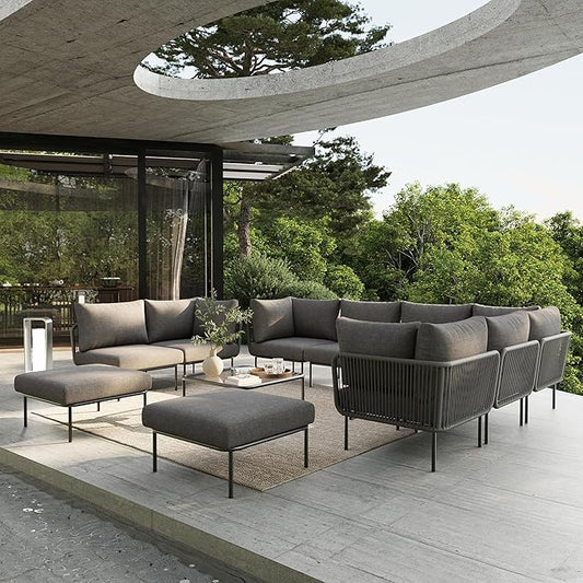 11 Piece Modern Outdoor Rope Wicker Sectional Patio L-Shaped Conversation Sofa Set Deep Seating with Thick Cushions