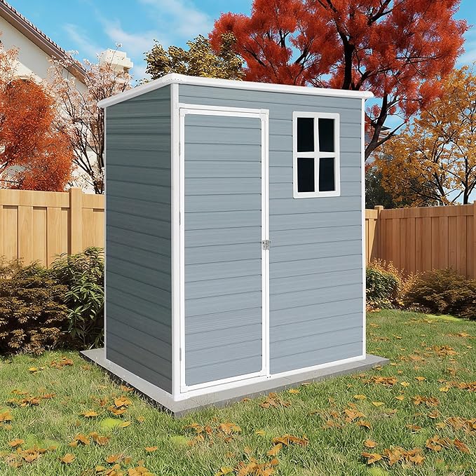 Storage Shed 5x3 ft Outdoor Storage Shed with Floor, Lean to Resin Shed with Window, Lockable Door Plastic Tool Sheds, Waterproof Shed for Garden, Patio, Backyard, Yard, Lawn, Grey