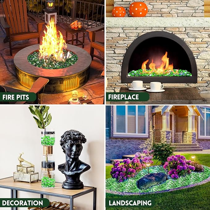 GasSaf Green Fire Glass Cubes for Outdoor Fire Pit, Fireplace, Replaces Existing Gas Logs & Lava Rocks, 1 Inch Glass(10 Pound)(Green Luster)