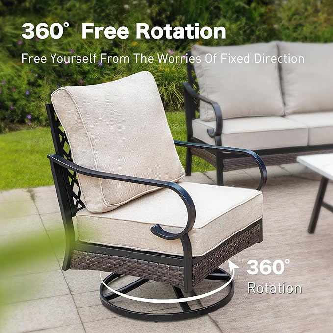 4 PCS Metal Outdoor Patio Furniture Set, Patio Conversation Sets 1 3-Seater Sofa, 2 Swivel Chairs with 5.75" Extra Thick Cushion & Coffee Table, Black Frame Backyard Furniture, Beige