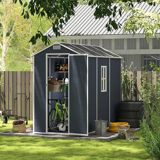 4X8 FT Resin Outdoor Storage Shed, Plastic Garden Sheds with Waterproof Roof & Air Vent,Outside Patio Storage House Tool Shed with Window &Lockable Door for Backyard, Lawn, Dark Grey