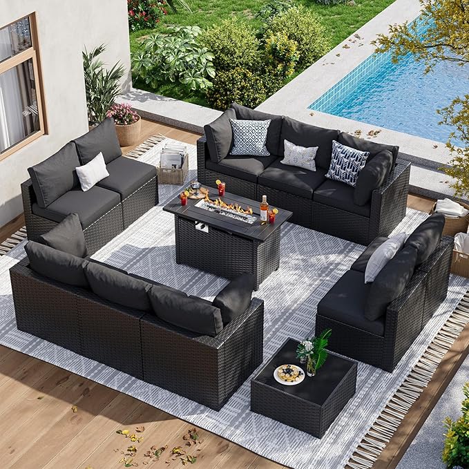 Aoxun 12 Piece Patio Furniture Set with 44” Fire Pit Table Wicker Rattan Patio Sectional Sofa Set Outdoor Seating Furniture with Thickened Cushion, Black
