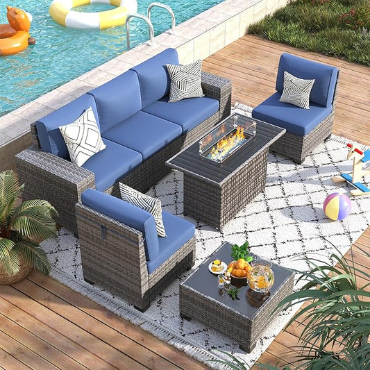 7 Piece Patio Furniture Set with Fire Pit Table, Outdoor Conversation Sets Wicker Rattan Sectional Sofa with Coffee Table, 4'' Thickened Cushion Navy Blue (Include Waterproof Cover)