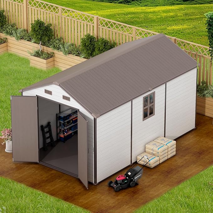8x14 FT Resin Outdoor Storage Shed with Floor, Weather-Resistant Plastic Garden Shed with Windows, Lockable Door and Vents, Outside Tool Storage Sheds for Backyard, Garden, Lawn, Brown
