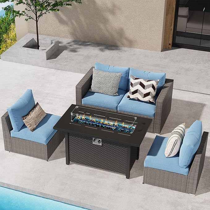 Wisteria Lane Patio Furniture Set for, 5 Pieces Wicker Outdoor Furniture Set with Washable Cushions & Fire Pit Table, Oversized Outdoor Sectional for Garden, Poolside, Backyard, Blue