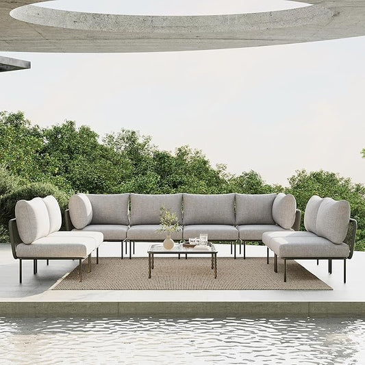 9 Piece Modern Outdoor Rope Wicker Sectional Patio L-Shaped Conversation Sofa Set Deep Seating with Thick Cushions