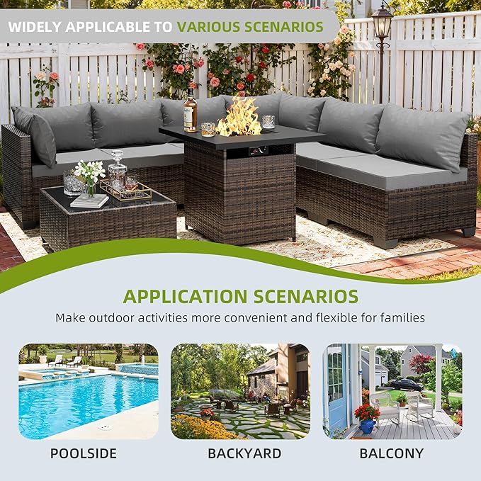 7/8-Piece Patio Conversation Set with Fire Pit Table, Outdoor All-Weather Rattan Sofa Sectional, Handwoven Wicker Furniture for Backyard, Easy Assembly & Weather-Resistant Design