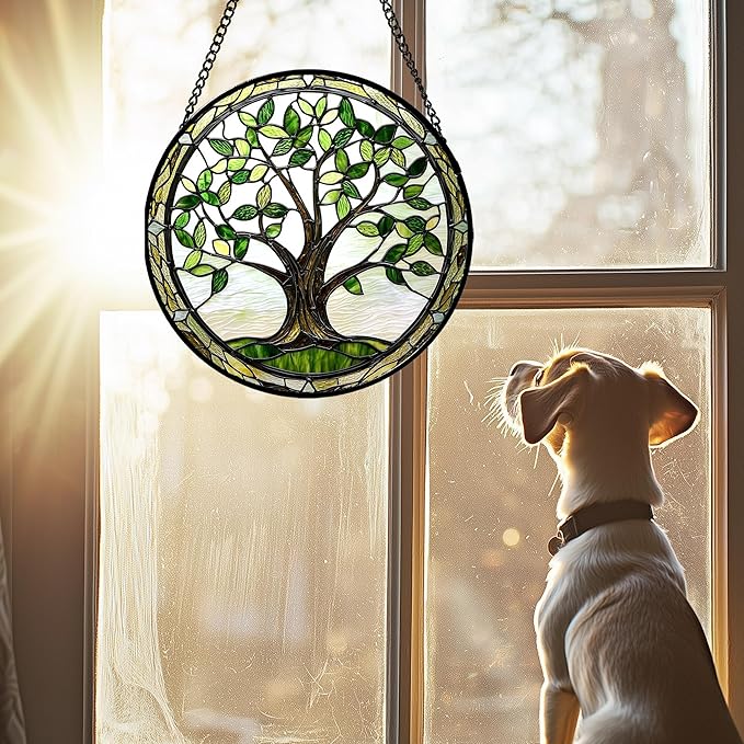 AMDERVEN Stained Glass Window Hanging - Brown Tree Trunk Green Leaves Sun Catcher for Door Garden Home Decor Plant Suncatcher Christmas Mother's Day Birthday Gifts for Women Men Mom Nana 11.8 in