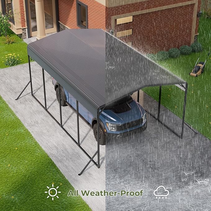 Lyromix 12x20 FT Outdoor Metal Carport, Heavy Duty Carport with Galvanized Steel Roof and 4 Support Feet, Extra Large Car Port Garage Shelter for Car, Boat and Tractor