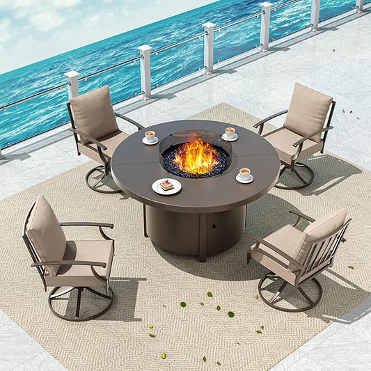 5 Pieces Patio Furniture Set with Round Fire Pit Table, Outdoor Conversation Sets 4 Swivel Chairs with Upgrade Cushions for Patio, Backyard Brown