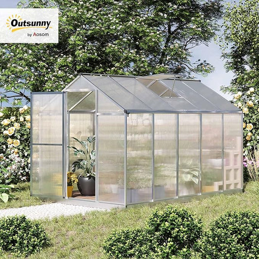 Outsunny 10' x 6' Greenhouse for Outdoors, Polycarbonate Greenhouse with Rain Gutter and Roof Vent, Aluminum Walk-in Green Houses for Outside Patio Backyard Garden