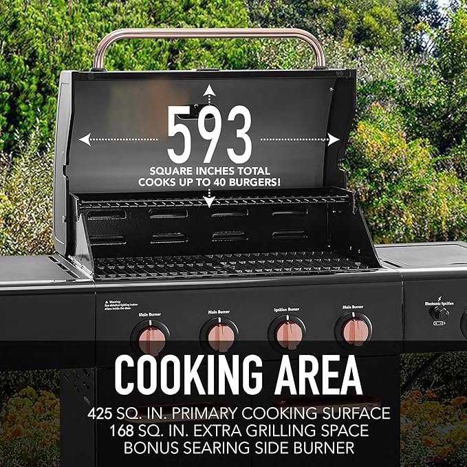 Kenmore 4-Burner BBQ Gas Grill with Searing Side Burner, Propane Grill, 52,000 BTUs, Warming Rack, Electronic Ignition & Cast Iron Cooking Grates, Black/Copper