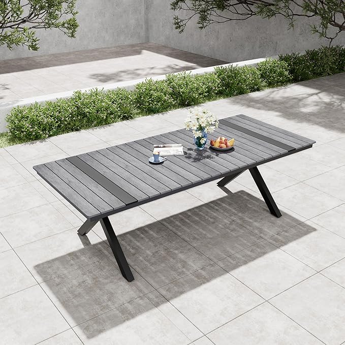 Pellebant 94" Outdoor Dining Table for 6-8, Aluminum Patio Dining Table with Umbrella Hole, Waterproof Wood-Like Tabletop for Lawn Garden Backyard, Grey