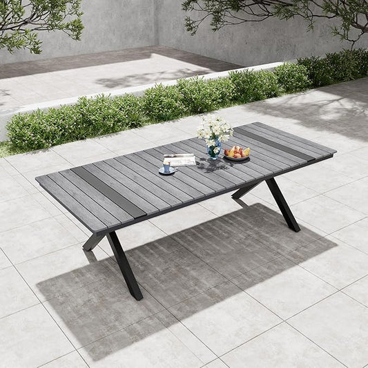 Pellebant 94" Outdoor Dining Table for 6-8, Aluminum Patio Dining Table with Umbrella Hole, Waterproof Wood-Like Tabletop for Lawn Garden Backyard, Grey