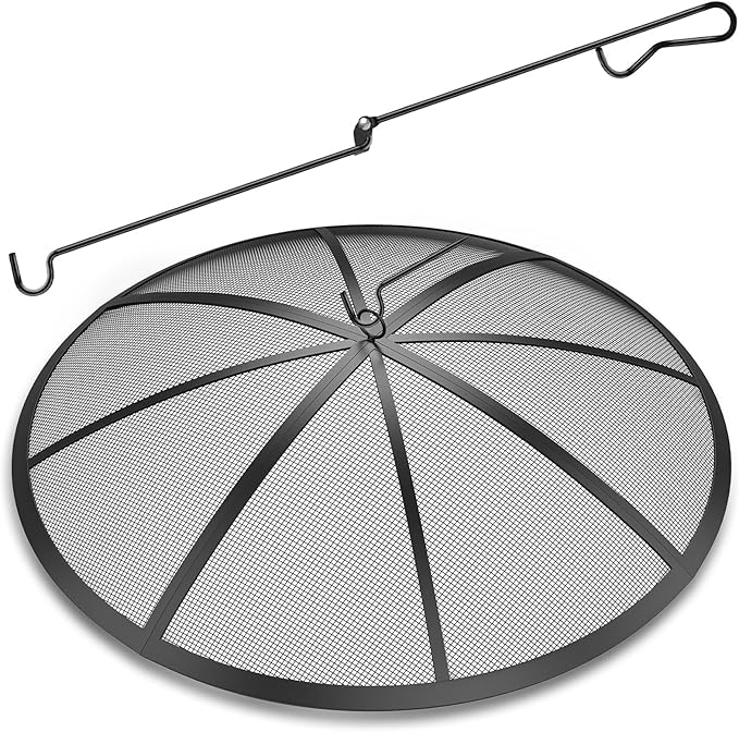 Fire Pit Spark Screen, 40Inch Fire Pit Lid Outdoor with Handle & Poker, Heavy-Duty Mesh Firepit Cove with 12 Reinforced Bars for Backyard/Beach/RV Camping