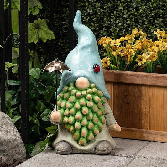 Alpine Corporation 18" Tall Outdoor Turquoise Hat Gnome Statue Holding Silver Umbrella, Playful Weatherproof Garden Decor