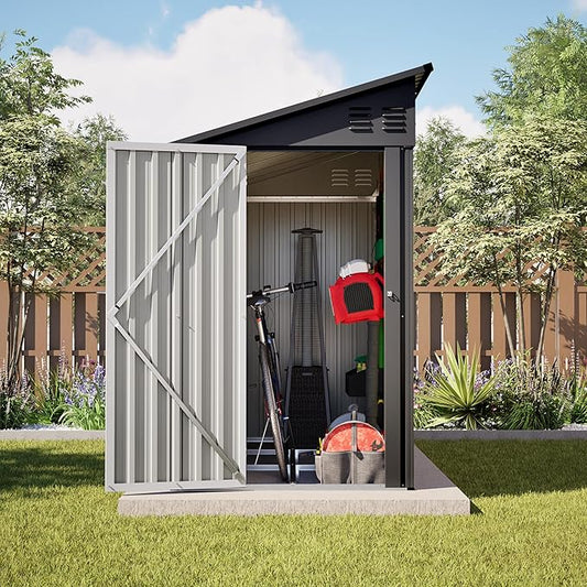 4×8 FT Lean to Metal Shed,Outdoor Heavy-Duty Storage Shed with Floor Base,All Weather Waterproof Garden Tool House W/Lockable Door&2 Air Vent,Reversible Door Design,for Backyard,Patio,Lawn,Black