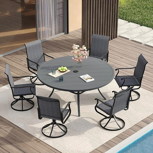 VICLLAX 53" Outdoor Round Patio Table for Lawn Garden, All Weather Metal Round Patio Dining Table with Adjustable Umbrella Hole, Patio Table for 8 Person, Grey