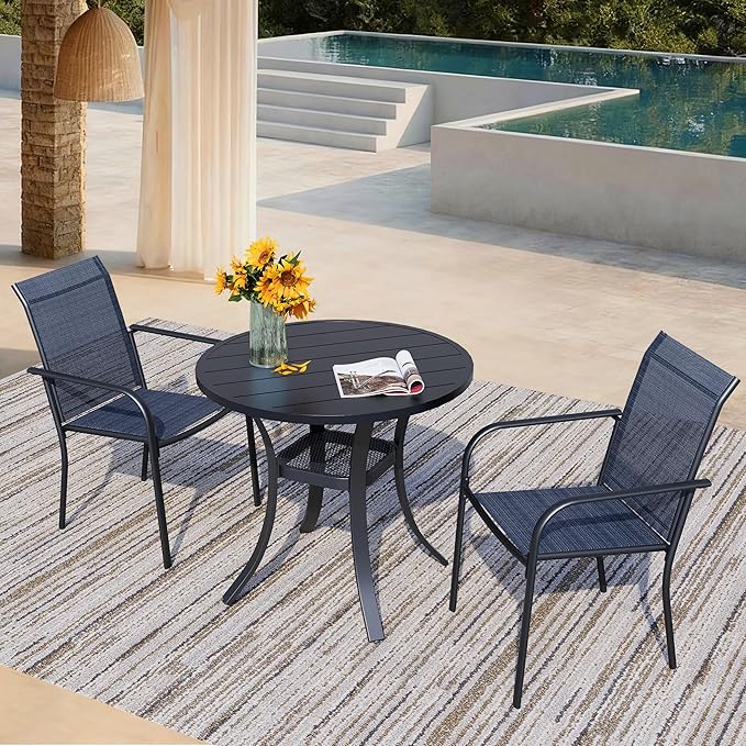 3 Piece Outdoor Dining Set, Patio Table and Chairs Set of 2, 27.6" Black Round Patio Table with 2 Dark Blue Stackable Patio Chairs for Lawn, Garden, Porch