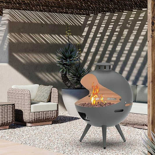 24-Inch Chimenea Outdoor Gas Fireplace, 55,000 BTU Propane Fire Pit with Lava Rocks and Rain Cover, Hemispherical 3-Legged Firepit, Gray