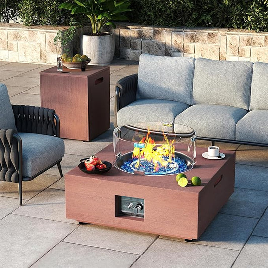 Fire Pit Table Propane Fire Pit 28 Inch 40,000 BTU 2 Piece Gas Fire Pits with Wind Guard Tank Table Glass Rocks Protective Cover, CSA Certified, for Outside Outdoor Patio Backyard Balcony