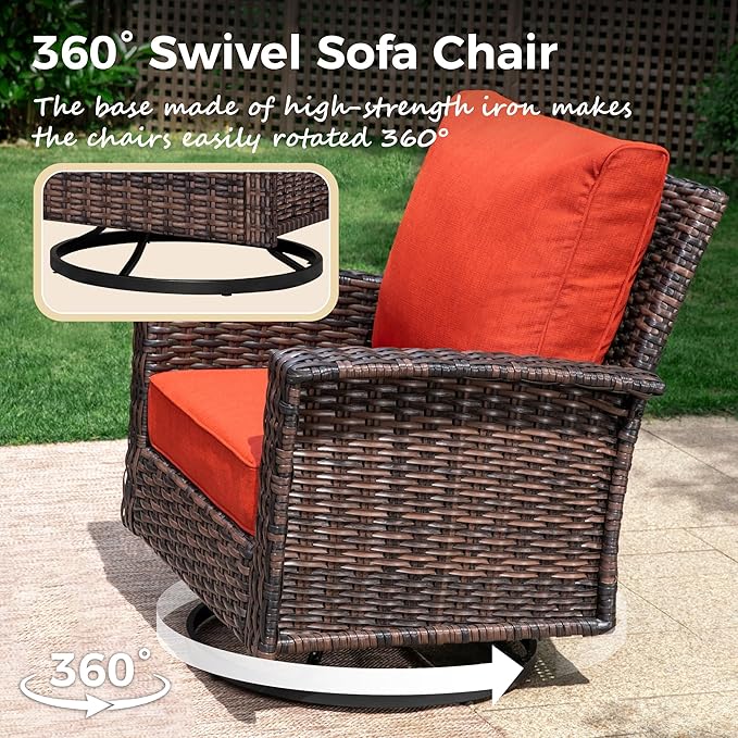 4-Piece Wicker Patio Furniture Set with Swivel Chairs, High Back Outdoor Sofa with 5.5-inch Thick Cushion, All-Weather Wicker Patio Conversation Set for Deck Yard Pool, Red