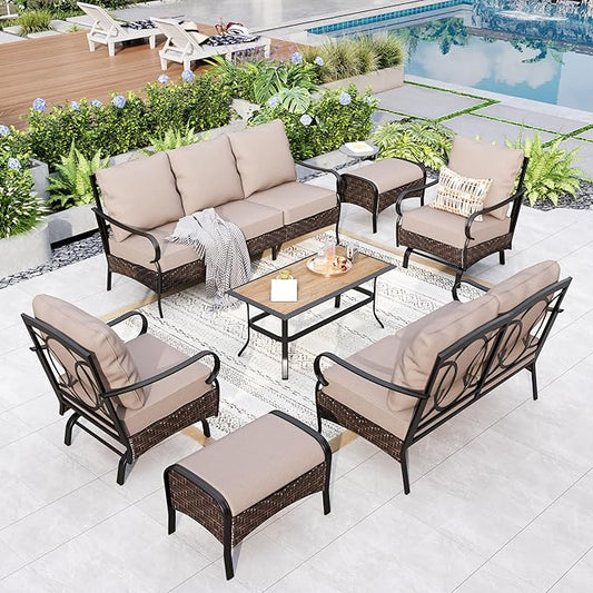 GREEN PARTY Extra Large Outdoor Patio Furniture Set 7 Pieces for 9, Modern Metal Patio Conversation Sets with High Back 3-Seat Sofa & Loveseat Sofa, 2 Motion Chairs, 2 Ottoman, 1 Coffee Table