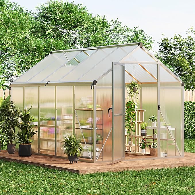 6x10 ft Greenhouse for Outdoors, Polycarbonate Greenhouse with Roof Vent, Ground Nails, Lockable Push Door, Aluminum Large Walk-in Green House for Outside Garden Backyard, Patio, Lawn, Silver