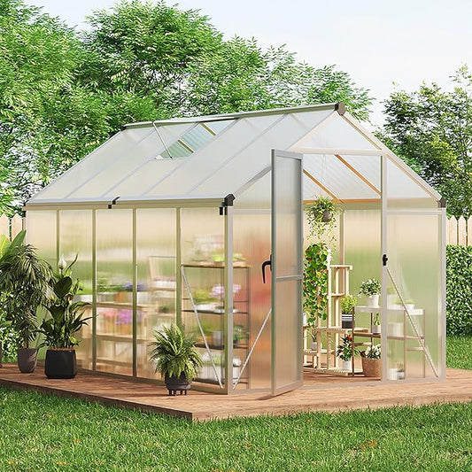 6x10 ft Greenhouse for Outdoors, Polycarbonate Greenhouse with Roof Vent, Ground Nails, Lockable Push Door, Aluminum Large Walk-in Green House for Outside Garden Backyard, Patio, Lawn, Silver