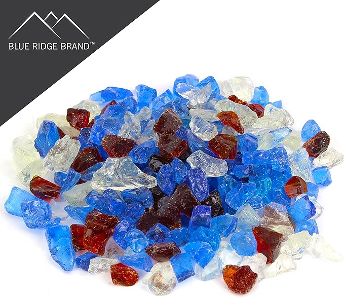 Sky Blue, Clear, Amber Fire Pit Glass - Fire Glass for Fire Pit - Firepit Glass Rock - Glass Stones - Fire Pit Glass Rocks - Gas & Propane Fire Pit & Fireplace Glass (20 Pound, Serenity)