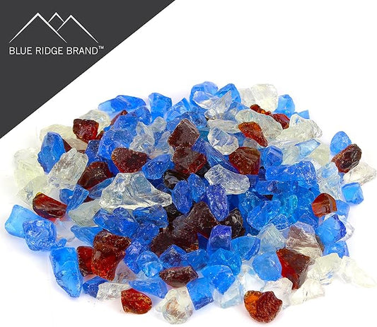 Sky Blue, Clear, Amber Fire Pit Glass - Fire Glass for Fire Pit - Firepit Glass Rock - Glass Stones - Fire Pit Glass Rocks - Gas & Propane Fire Pit & Fireplace Glass (50 Pound, Serenity)