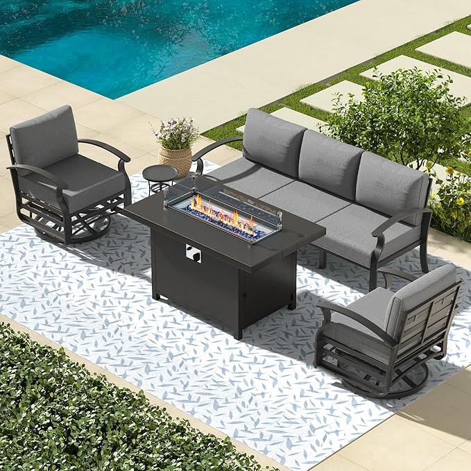 Aluminum Patio Furniture Set with Fire Pit Table, 5 Seats Outdoor Patio Conversation Set with Swivel Chair Modern Metal Patio Sectional Sofa with Upgrade Cushions for Patio, Backyard Grey