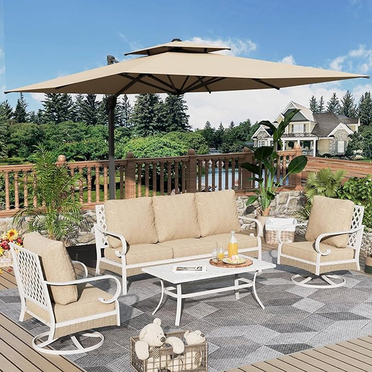 4 Piece Patio Furniture Set, 2 x Swivel Chair, 1 x 3-Seat Sofa with Marbling Coffee Table, All Cushioned 5 Seats Outdoor Conversation Set for Lawn Garden Backyard, Beige