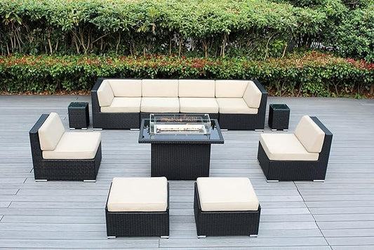 11 Piece Ohana Outdoor Patio Furniture Beige Cushion Black Wicker Conversation Set with Fully Assembled Sectional and 42-inch Propane Gas Fire Table