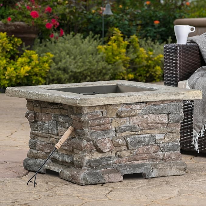 Outdoor Fire Pit Table, 28.5 Inch Wood Burning Fire Pit for Patio with Spark Screen, Fire Poker, MGO Square Fireplace for Camping, Garden, Backyard, Bonfire Party, Stone Gray