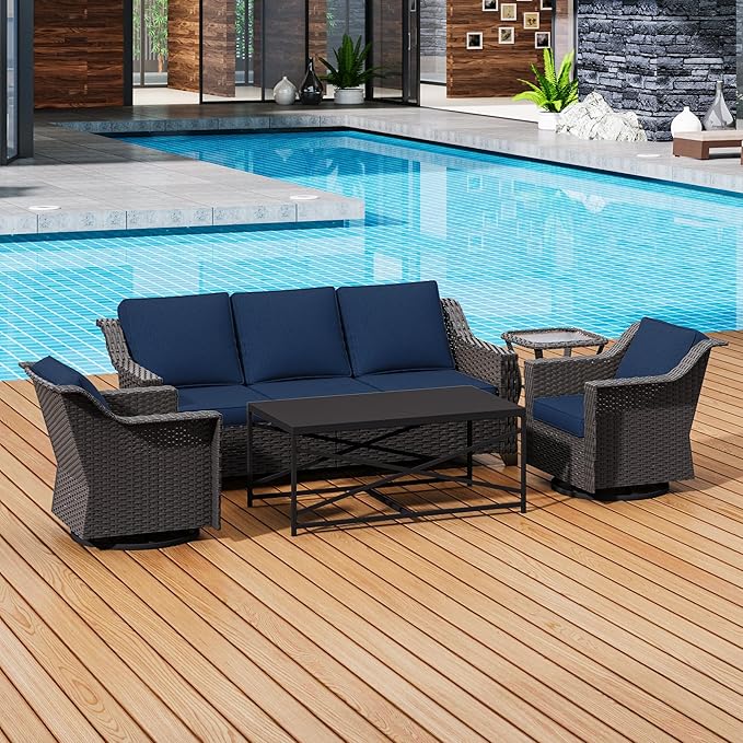 5 Pieces Outdoor Conversation Furniture Set - 77" Patio Sofa, 2 Swivel Rocker Chairs, 1 Side Table, 1 Metal Table, Patio Wicker Couch Set with Washable Cushions for Porch (Navy Blue)